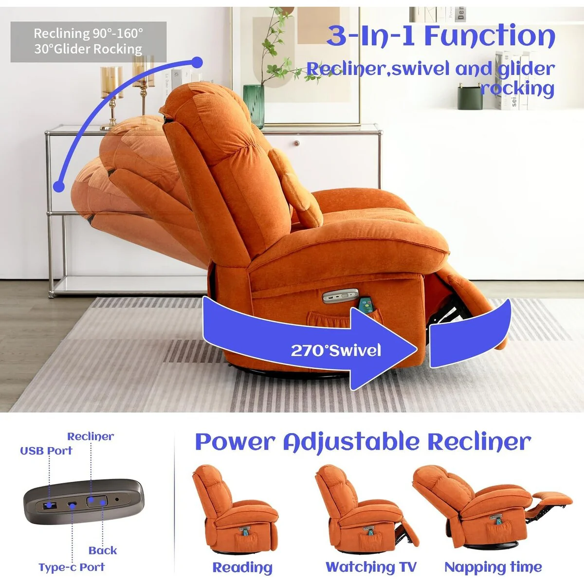 XINMICS Swivel Power Recliner Chair, Massage Rocker Recliners with Heated ,USB, USB-C and Side Pocket