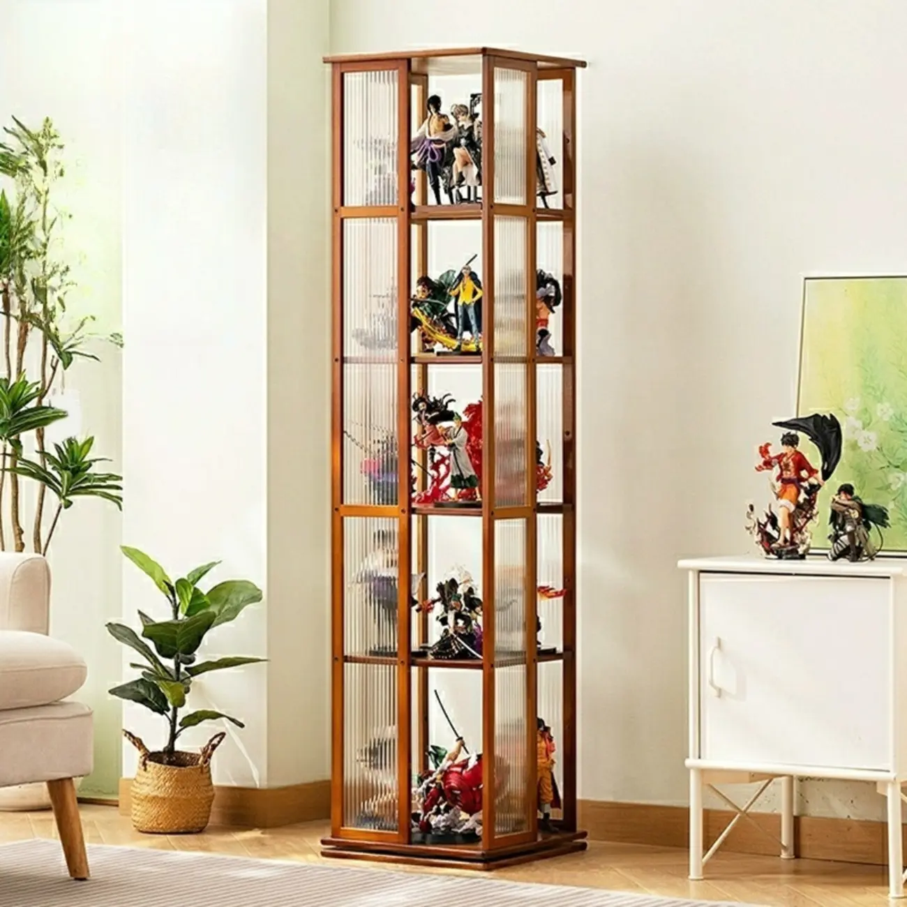 Modern Black Bamboo Tall Narrow Glass Open Display Cabinet