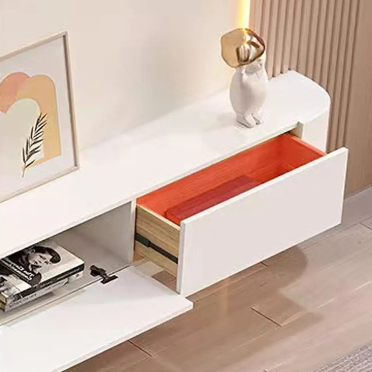 55 White Rubberwood Floating TV Stand with Cable Management