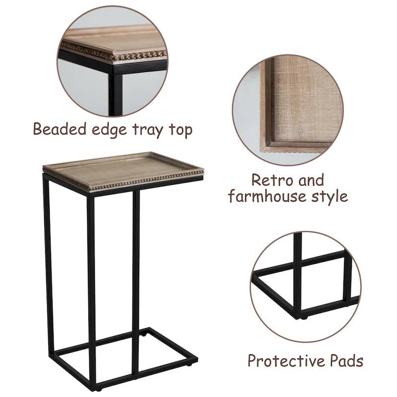 COZAYH Farmhouse C Table End Table, Distressed Beaded Edge Tray Top Side Table