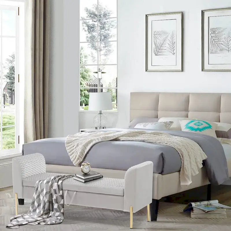 Storage Ottoman Bench, Upholstered Velvet Entryway Bench with Armrest & Large Storage Space for Living Room - 52inch