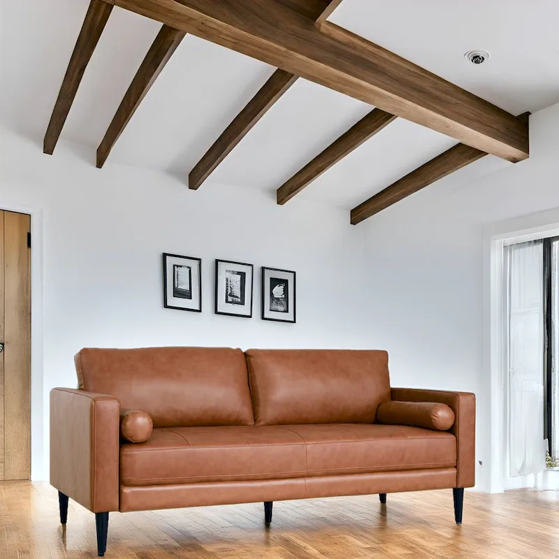 Modern Genuine Leather Sofa with Wooden Legs & Additional Bolster Pillow