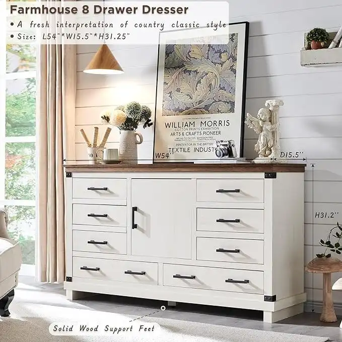 Farmhouse 8 Drawer Dresser, Wood Long Chest of Drawers, Closet Dresser