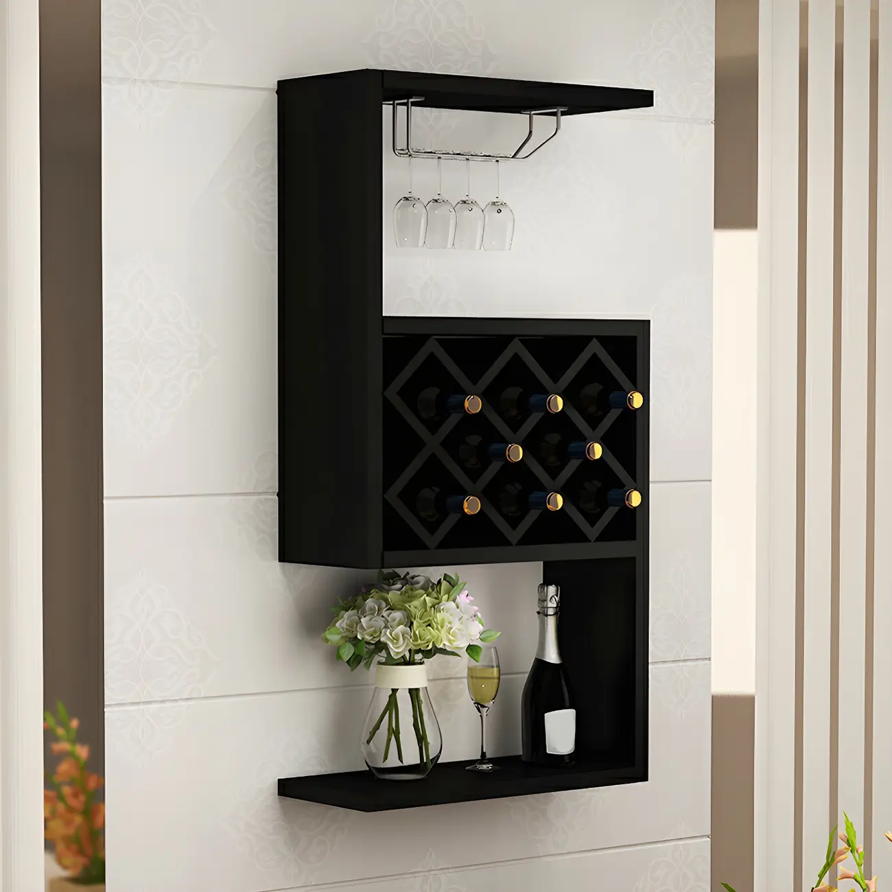 Rubberwood Floating Mount Wine Rack with Stackable Design
