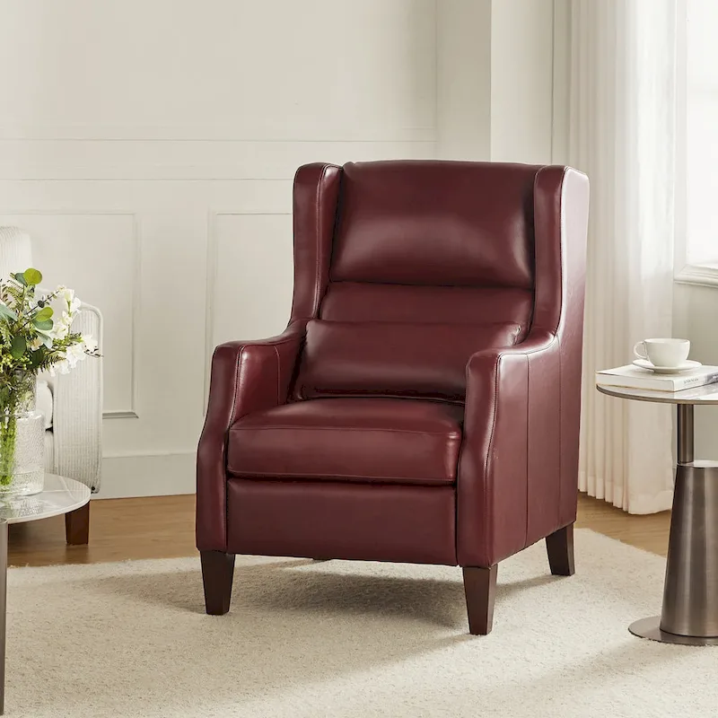 Genuine Leather Wingback Armchair with Lumbar Pillow