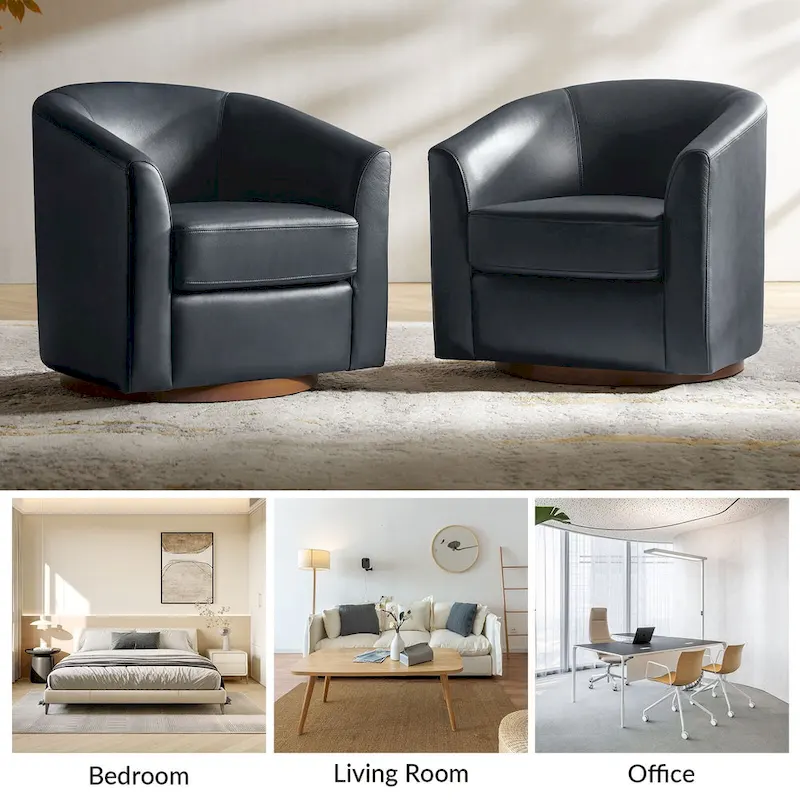 Althea Modern Genuine Leather Swivel Barrel Chair with Solid Wood Base Set of 2 By HULALA HOME