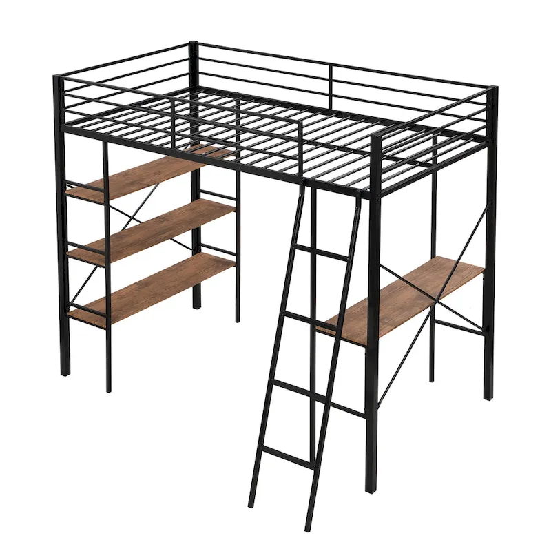 Black Twin Metal Loft Bed with Desk & Shelves