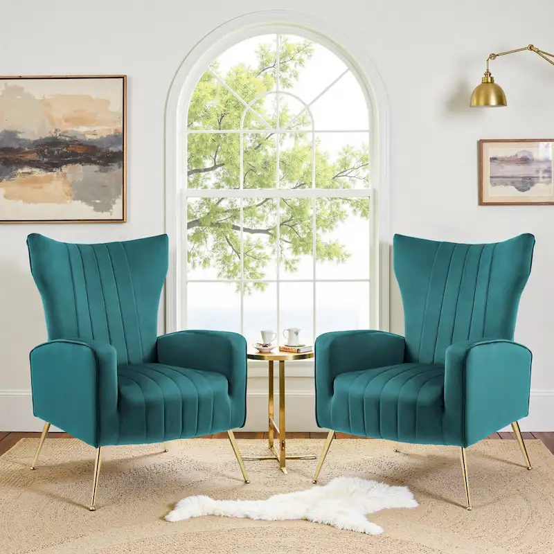 2 Set Velvet Wingback Accent Chairs with Metal Legs for Living Room