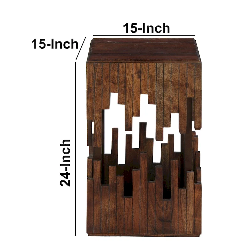 24 Inch Accent Side End Table, Brown Acacia Wood, Slatted Square Top, Handcrafted Abstract Silhouette, Black Iron