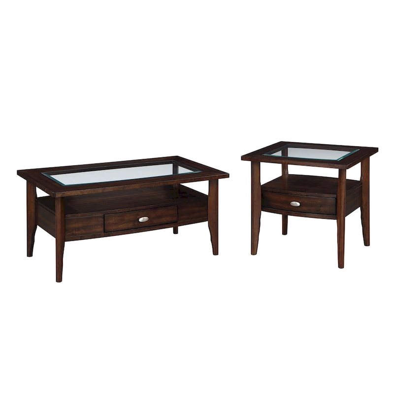 Genoas Traditional Walnut Glass 2-Piece Coffee Table Set with Drawer by Furniture of America