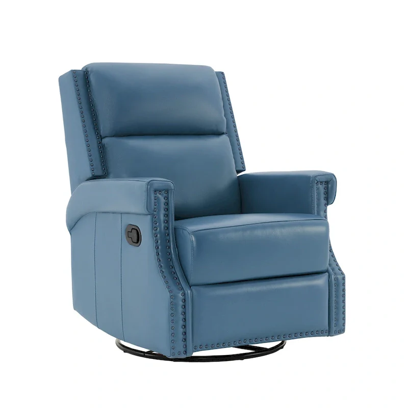 Genuine Leather Manual Rocking Recliner with 360-degree Metal Swivel Base