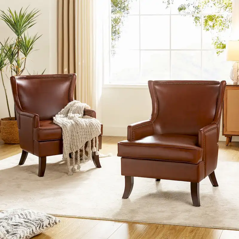 Angeles Mid-century Modern Ergonomic Vegan Leather Armchair with Wingback Set of 2 by HULALA HOME