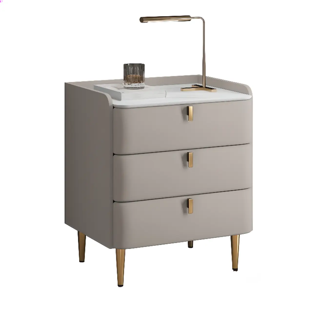 Modern Leather Stone Top Gold Accents 3-Drawer Nightstand