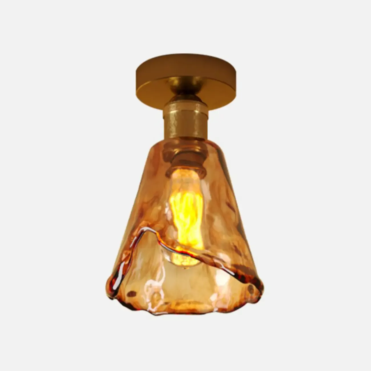 Modern Brass Amber Glass Cone Semi Flush Ceiling Light