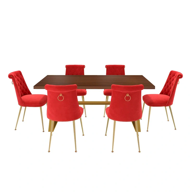 7-Piece  Walut Wood Dining Table with Velvet Chair Dining Chair