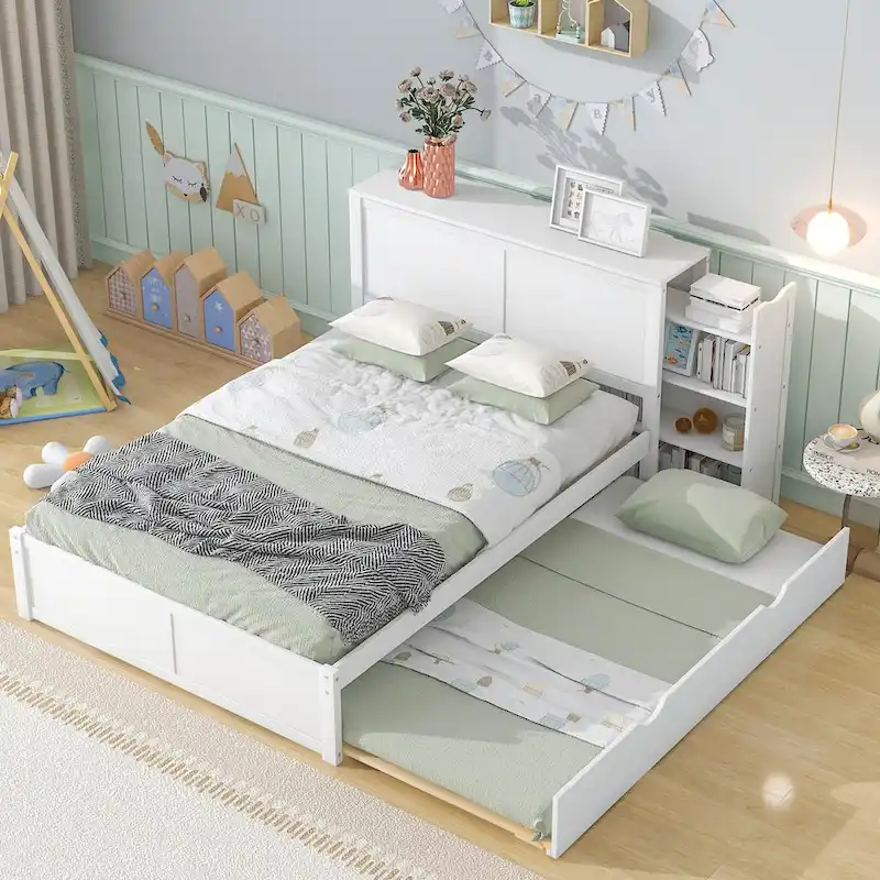 Storage Platform Bed with Pull Out Shelves and Trundle