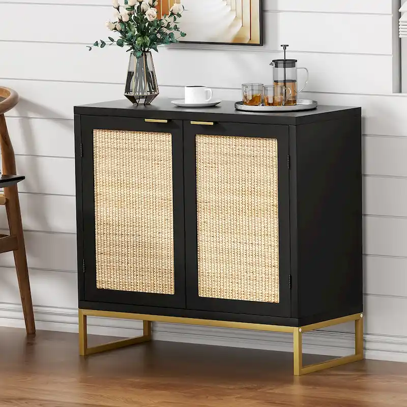 Anmytek Mid-Century Modern 2-Door Black Buffet Sideboard Accent Storage Cabinet with Adjustable Shelves