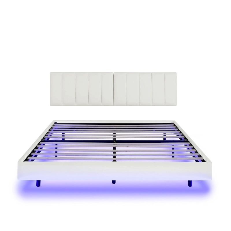 Floating Bed Frame With Led Lights And Wall Mounted Headboard