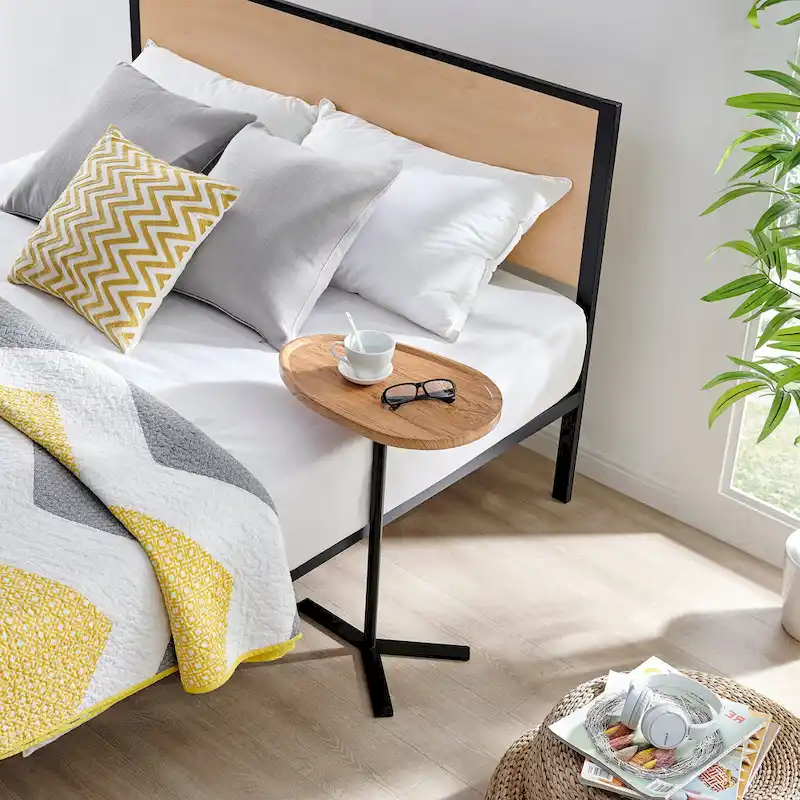 Carter Oval Teardrop Modern Raised Lip Edge Couch-Side Accent C-Table with Crossed Y-Shape Metal Pedestal Leg