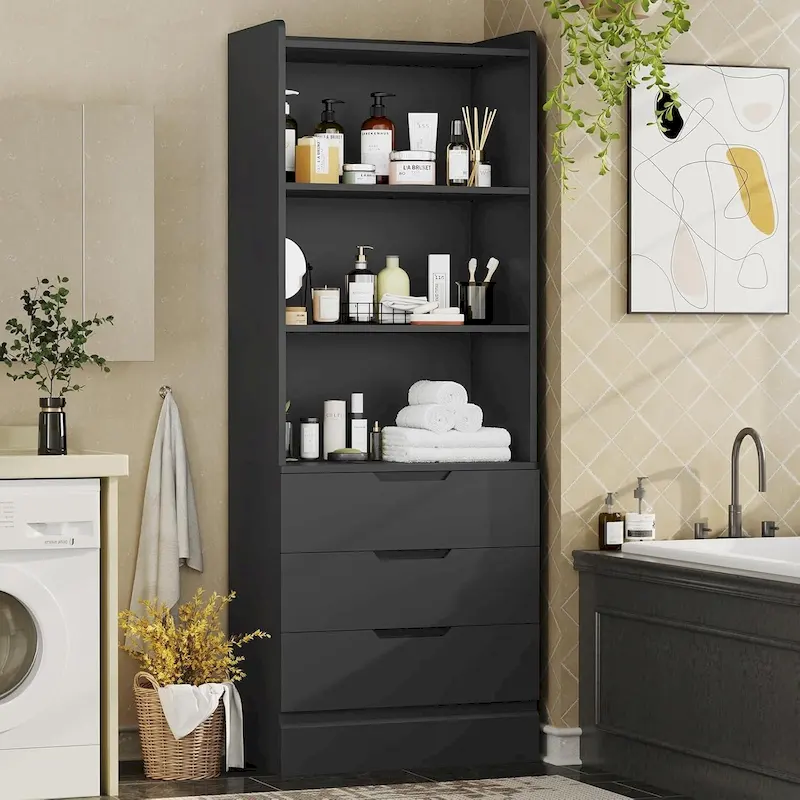 Kitchen Storage Cabinet Bookcase 3 Drawers Open Shelves - N/A