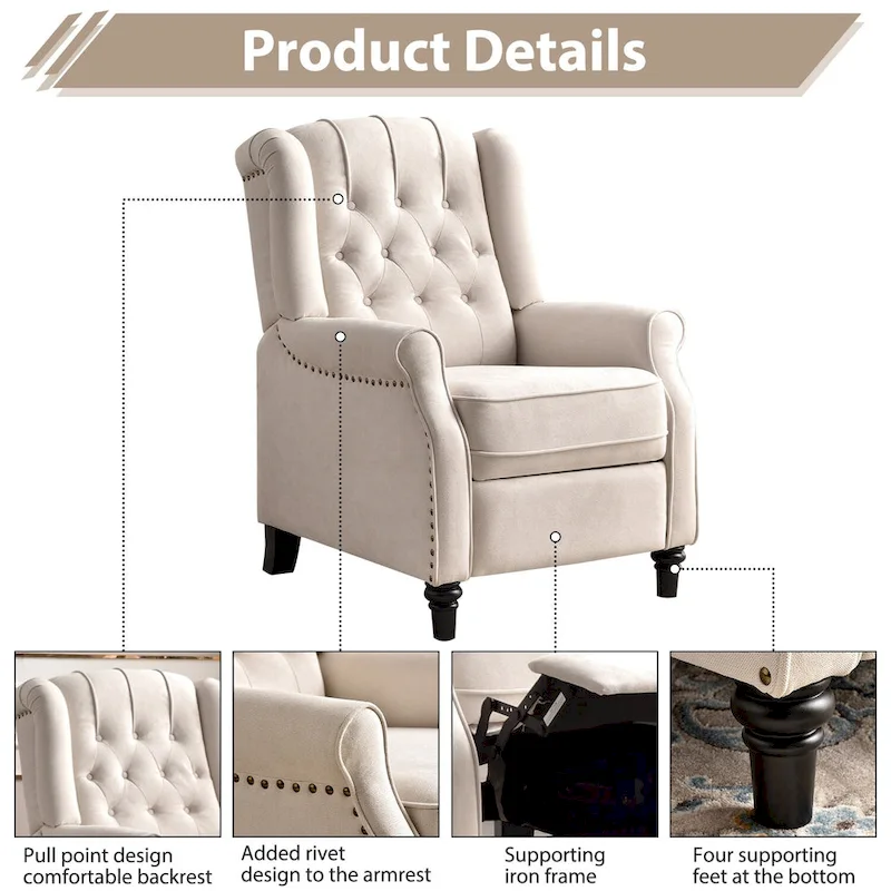 Push Back Recliner with Tufted Back and Wooden Legs