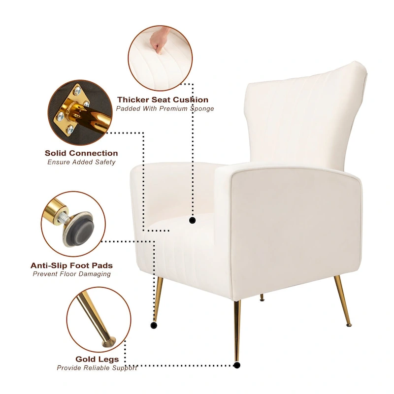 White 29.9 Wingback Arm Chair with Gold Legs