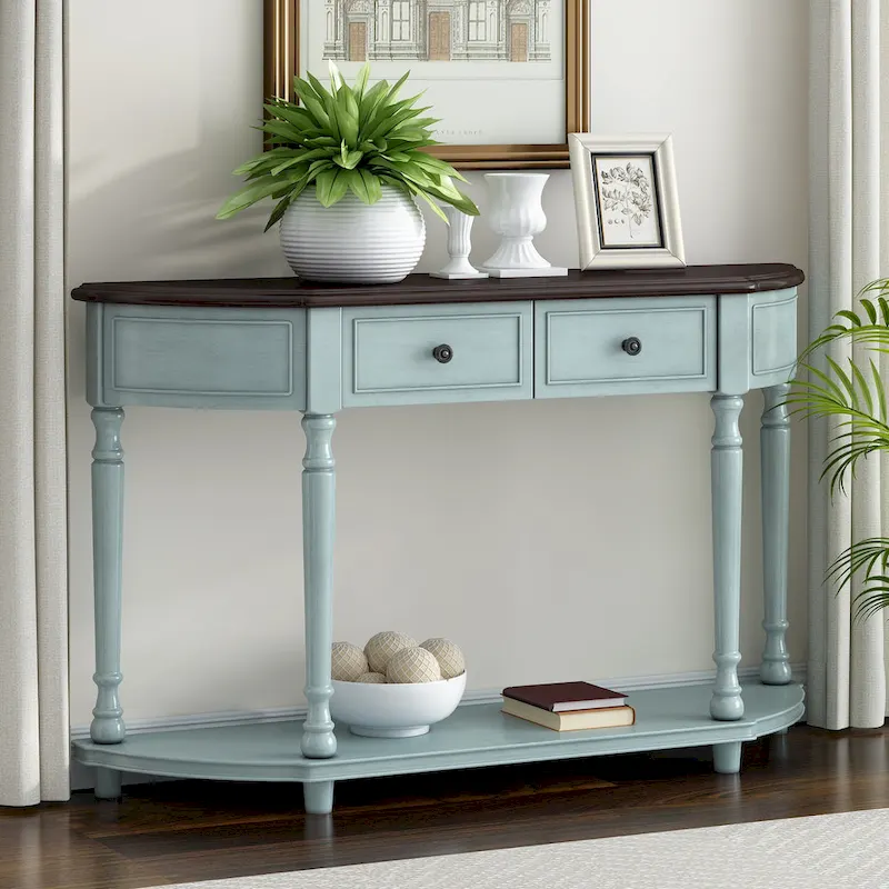 Nestfair Retro Wooden Console Table with Open Shelf Two Drawers