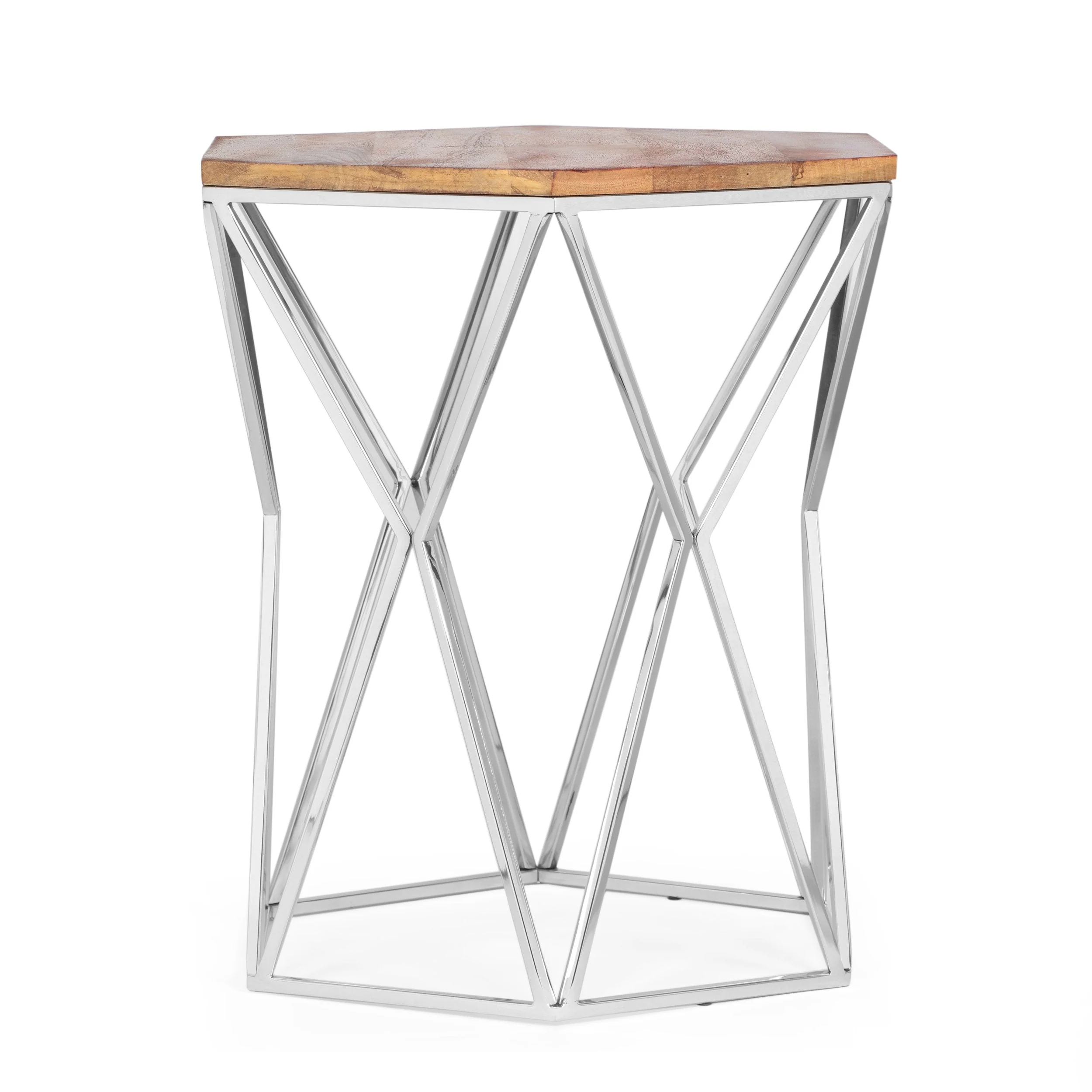 Rustic Glam Handcrafted Mango Wood Side Table, Walnut and Polished Nickel - NH422513