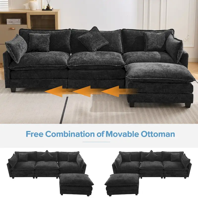 L-Shape Chenille Upholstered Sofa with Ottoman