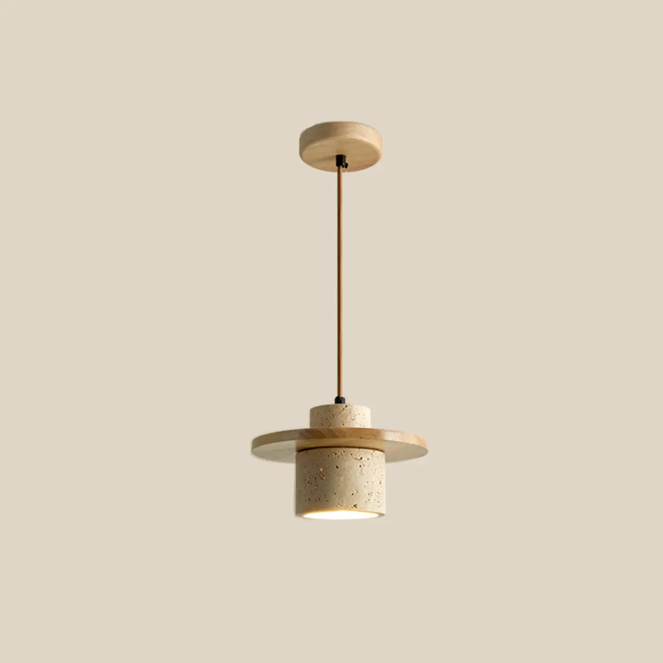 Modern Beige Stone Wood Disc Cylinder Pendant Light