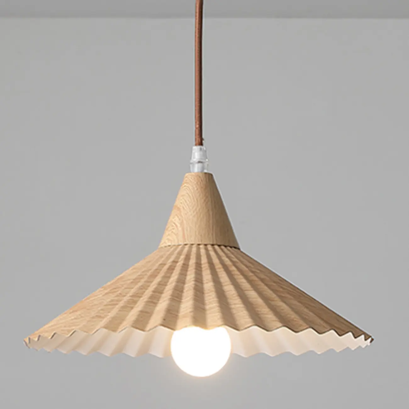 Modern Walnut Pleated Cone Pendant Light