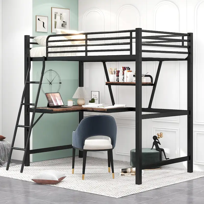 Metal Loft Bed with Integrated Desk, Shelf, and Full-Length Guardrail