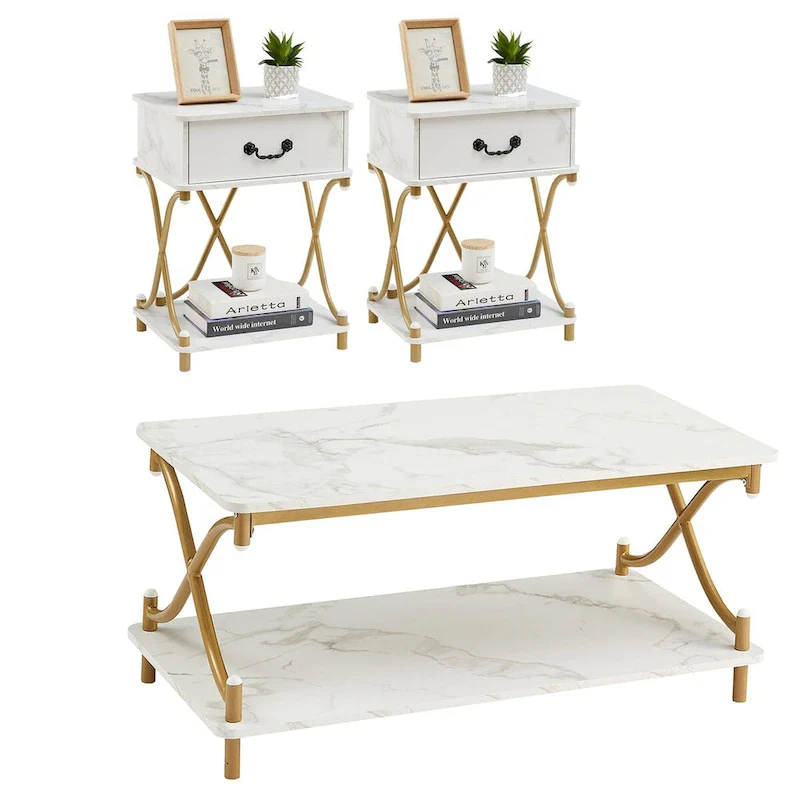 Modern 3-piece Coffee Table, Sofa Table & 1-drawer Nightstand Set of 2(Brown/Black/White)