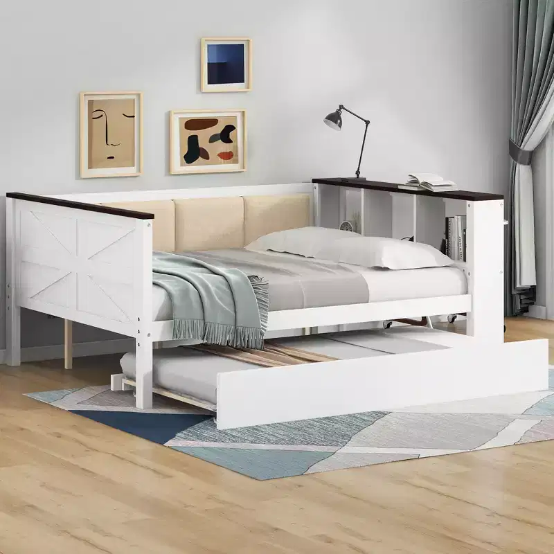 GDFStudio Gibson Wood Daybed with Storage Shelves and Upholstered Backrest