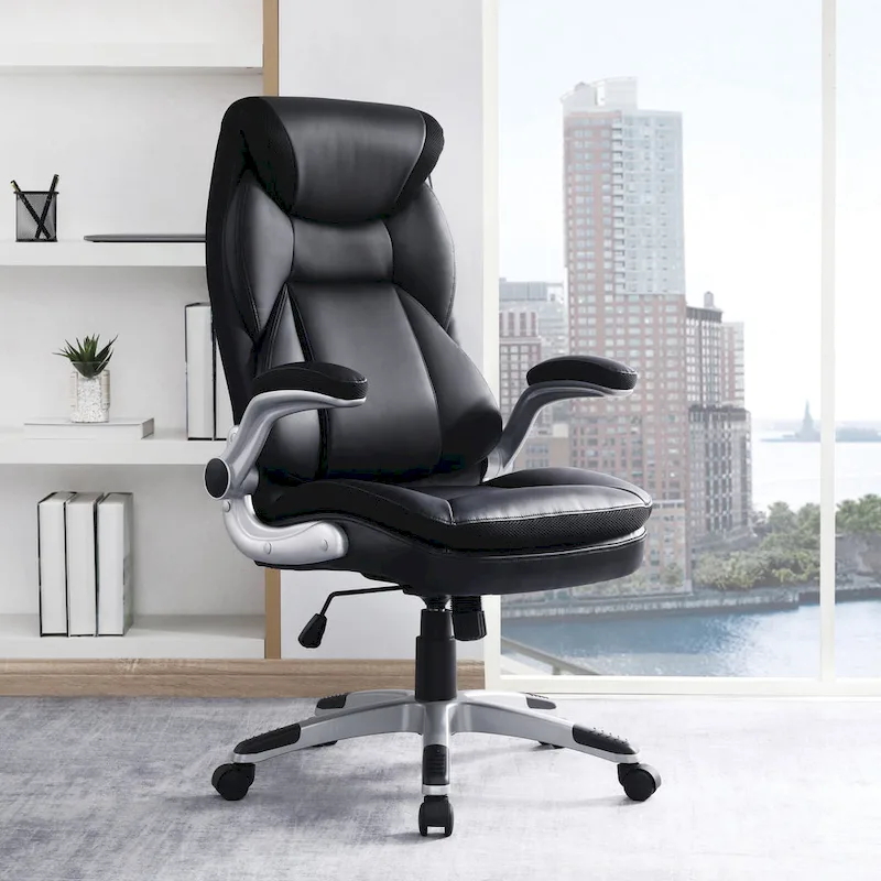 Executive Bonded Leather Office Chair with Lumbar Support, Locking Tilt and Flip Arms – Taupe / Black / Charcoal, for 1 Person