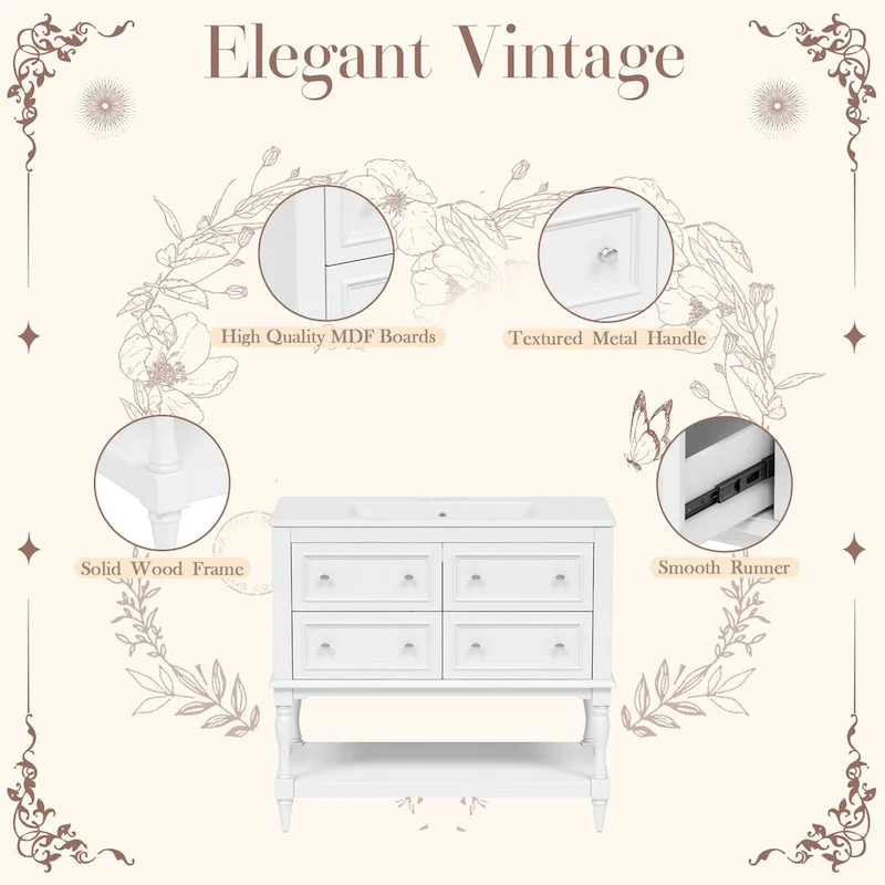 36 Bathroom Vanity Cabinet with Sink Combo Set, Undermount Ceramic Sink, Free Standing Vanity Set with 4 Drawers