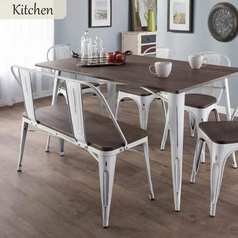 Dining Bench, Entryway Bench with Back, Farmhouse Metal Dining Bench, Industrial Mid-Century 3 Person Bench, Wood Seat