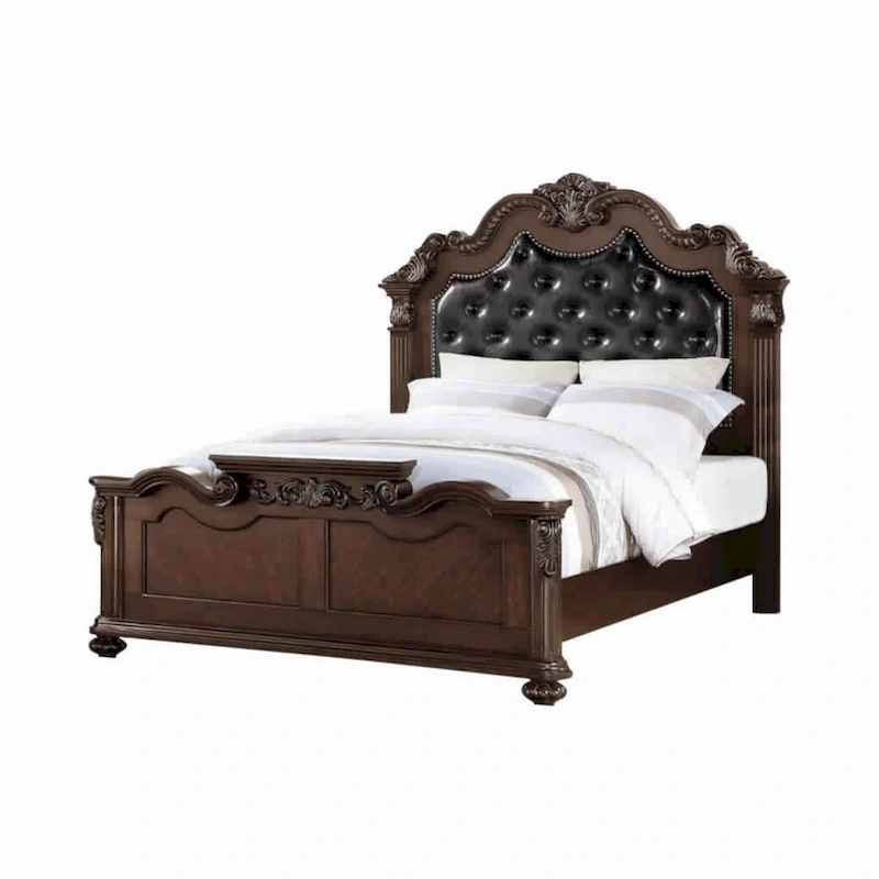 Dark Walnut Carved & Upholstered Wooden Queen Bed