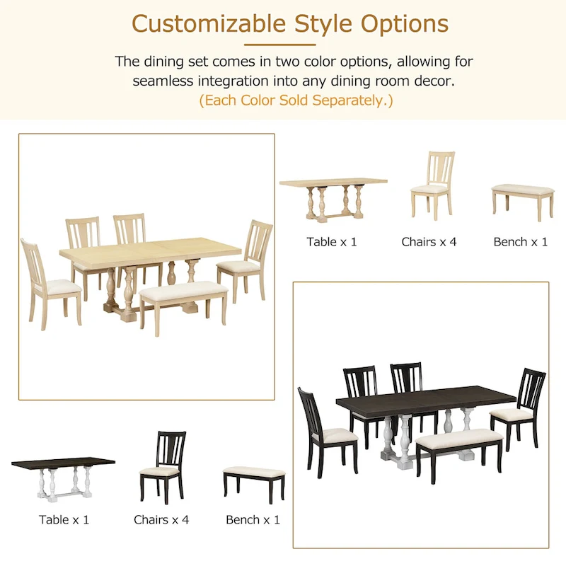 6-Piece Traditional Dining Set with Extendable Table & Chairs