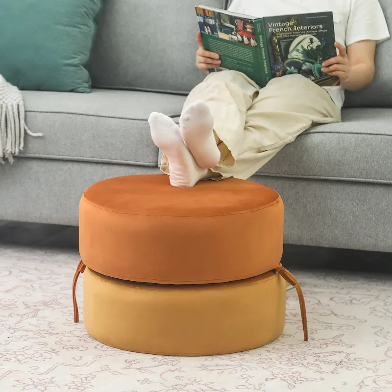 Adeco Round Pouf Upholstered Footrest Ottoman