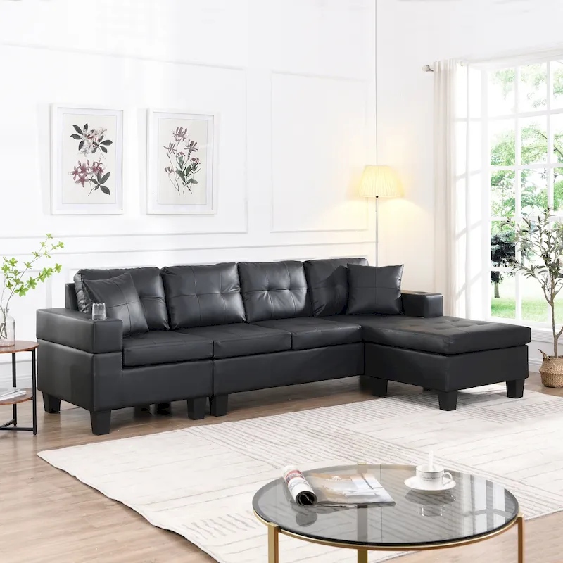 Black 96.06 Modern L-Shaped 4 Seater Sectional Sofa with Chaise Lounge, Cup Holders, and Throw Pillows