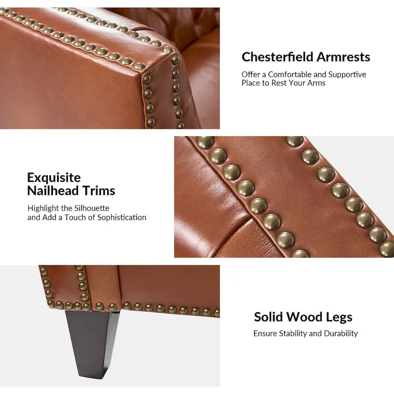 Eugne Transitional Genuine Leather Tufted Design Sofa with Solid Wood Legs by HULALA HOME