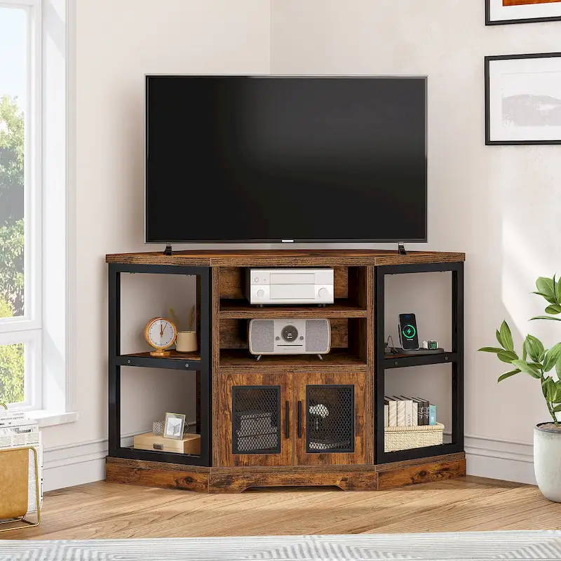 Moasis 47-inch Mesh Door Wood Corner TV Stand and Media Console