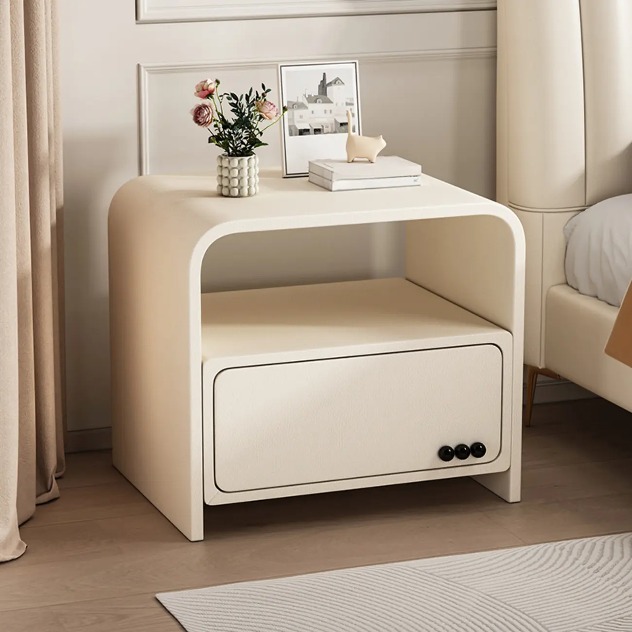 Elegant Modern White Faux Leather Wood Drawer Nightstand