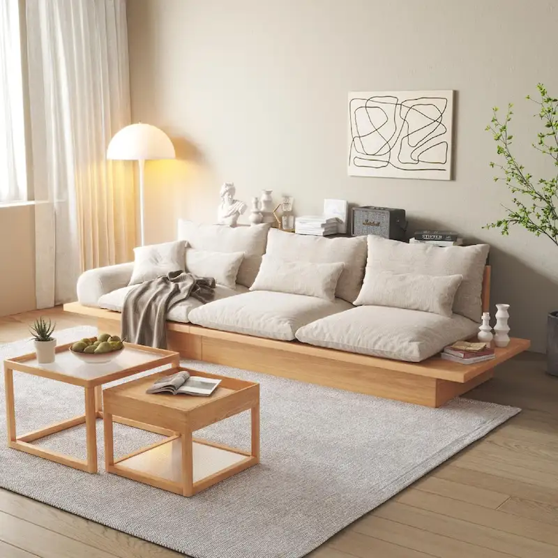 JASIWAY Cotton Line Beige Sofa With Wood Frame