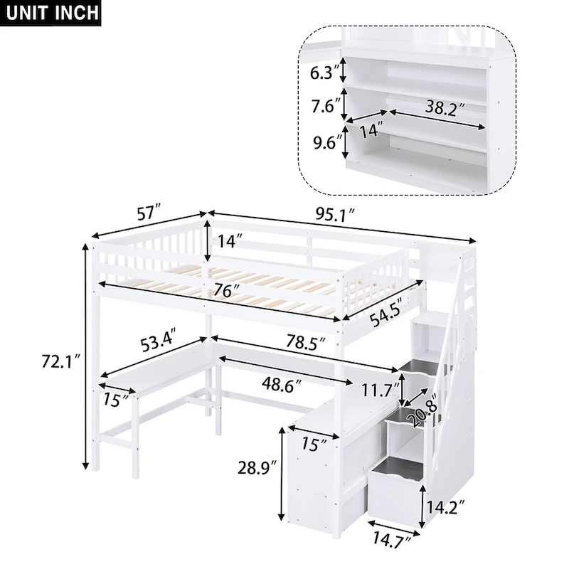 Full Size Loft Bed with Built-in L-Shaped Desk and Three-Tier Storage Shelves,and Attached Storage Staircase, White
