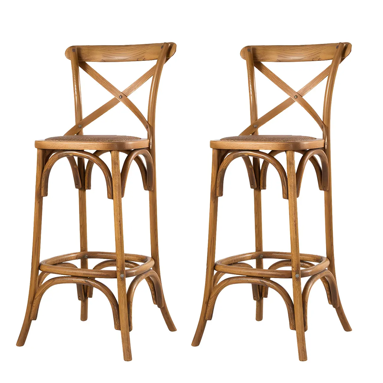Rustic Solid Wood Wicker Cross Back Bar Stool in Brown/ Grey