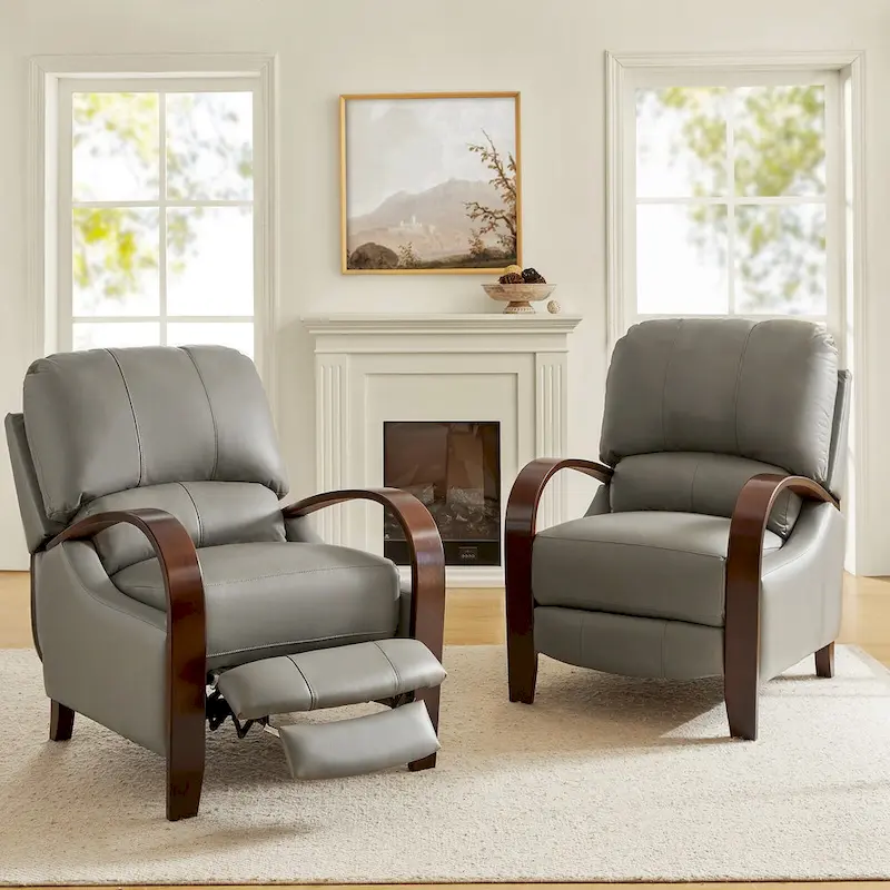 Alex Mid-century Modern Cigar Genuine Leather Manual Recliner with Wooden Curved Arms, Set of 2