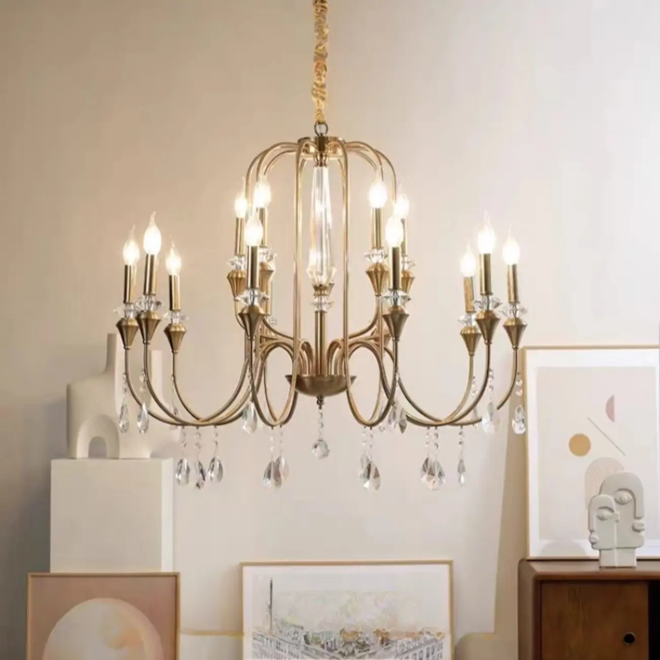 Metallic Alloy Hanging Gold Adjustable Crystal Chandelier