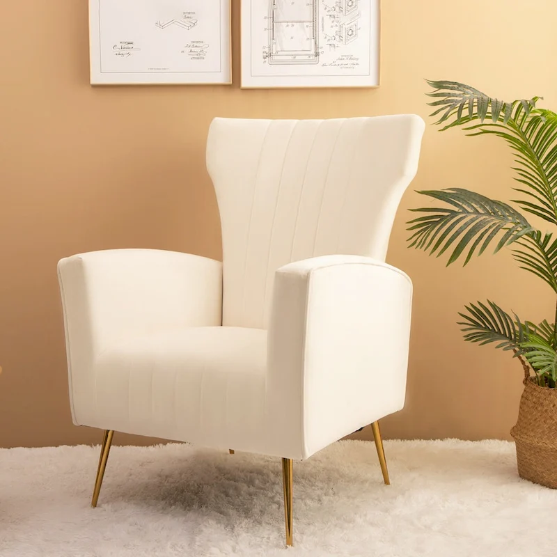 White 29.9 Wingback Arm Chair with Gold Legs